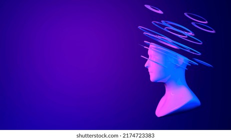 3d digital abstract human face on a dark background. Futuristic face cut into colored slices. Metaverse, artificial intelligence Ai concept.
