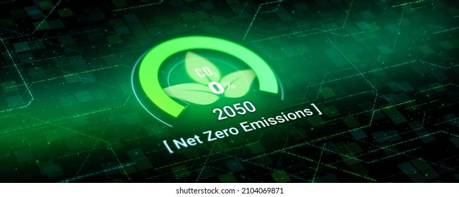 3D Digital dashboard of CO2 level gauge percentage drop down to 0. Net Zero Emissions by 2050 policy animation concept illustration, green renewable energy technology for clean future environment