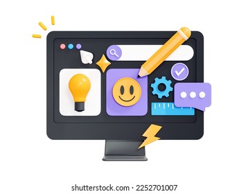 3D Digital designer concept. Computer monitor with graphic design tools. Create content. Web UI and UX program interface. Cartoon creative illustration isolated on white background. 3D Rendering
