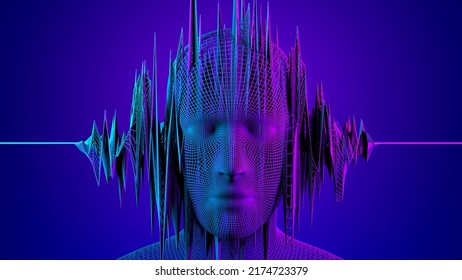 3d digital human face in abstract sound data wave flow. Futuristic had on blue background. Metaverse, artificial intelligence Ai concept.