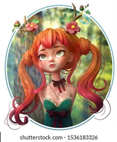 3d Digital Illustration Of Druid Girl In Green Dress Isolated On White Background. Cartoon Young Ginger Woman With Two Ponytails Wearing Floral Antlers. Beauty Deer Girl. Concept Art Forest Princess.