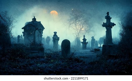 3D Digital Illustration Of A Foggy Graveyard At Night