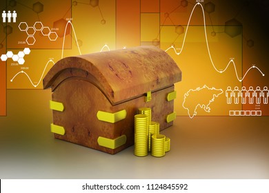 3d Digital Illustration Of Gold Coins With Container