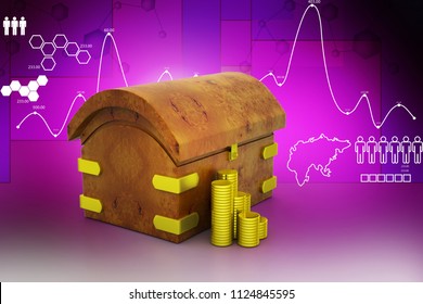 3d Digital Illustration Of Gold Coins With Container