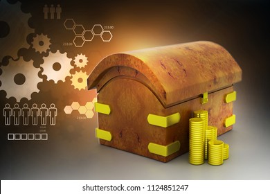 3d Digital Illustration Of Gold Coins With Container