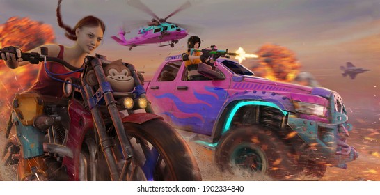 3d digital illustration of a group of characters on vehicles.