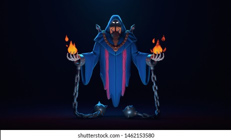 3d Digital Illustration Of A Necromancer Sharpened In Shackles Floating In The Air On A Dark Background. Magician Causes The Magic Of Fire. Wallpaper Undead In A Hooded Mantle. Game Monster Character