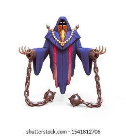 3d Digital Illustration Of A Necromancer Sharpened In Shackles Floating In The Air Isolated On White Background. Black Wizard Raising Arms. Concept Art Undead In Hooded Mantle. Game Monster Character