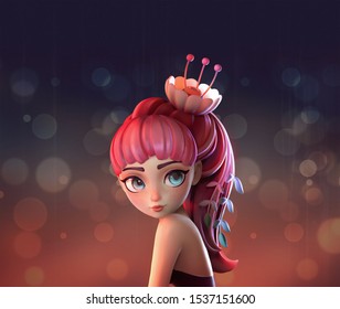 3d digital illustration of red-haired flower girl with big blue eyes and pensive expression on blurred bokeh background. Cartoon young woman with flower and leaves in long hair. Concept art princess.