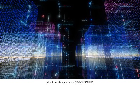 3D Digital Looping Technology Network Big Data Hologram City Background.