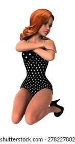 3D digital render of a beautiful pinup girl wearing a swimming suit isolated on white background