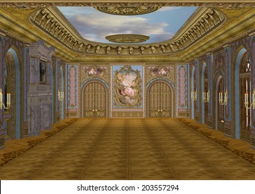 3D digital render of a beautiful retro ballroom in a palace