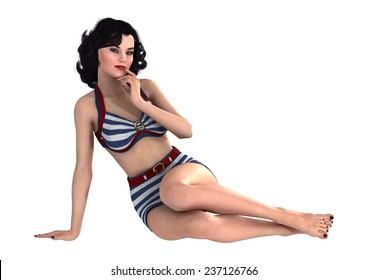 3D Digital Render Of A Beautiful Vintage Pinup Girl Isolated On White Background