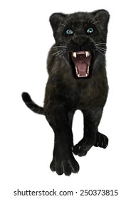 3D Digital Render Of A Black Panther, Running And Roaring, Isolated On White Background