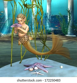 3D digital render of a cute little mermaid holding a purple anemone flower on blue fantasy ocean background