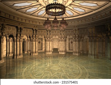 3D digital render of a fairytale oriental palace in the evening