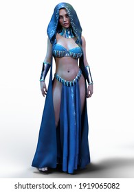 A 3d Digital Render Of A Female Priestess Wearing Blue Isolated On White Background.