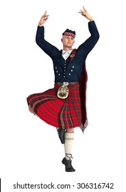 3D Digital Render Of A Highlander Wearing A Scottish Kilt Dancing Isolated On White Background