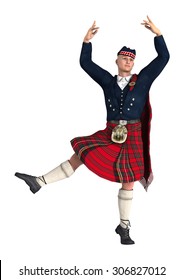 3D Digital Render Of A Highlander Wearing A Scottish Kilt Dancing Isolated On White Background