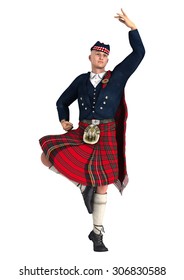 3D Digital Render Of A Highlander Wearing A Scottish Kilt Dancing Isolated On White Background