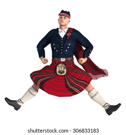 3D Digital Render Of A Highlander Wearing A Scottish Kilt Dancing Isolated On White Background