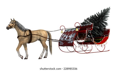 3D Digital Render Of A Horse And A Vintage Christmas Sleigh With A Fir Tree Covered With Snow Isolated On White Background