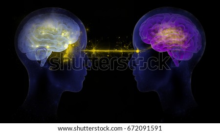 3d digital render illustration of two human brains communicating with each other (telepathy, relationships, emotions, stress between two people, eye contact, inspiration, exchange of ideas or similar)