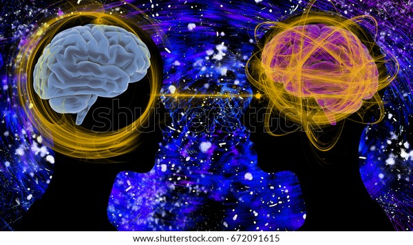 2人の人間の脳が互いに通信し合う3dデジタルレンダリングイラスト テレパシー 関係 感情 2人 の間のストレス アイコンタクト インスピレーション アイデアの交換 類似 のイラスト素材