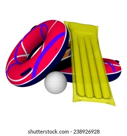 3D digital render of inflatable tubes, a raft and a ball isolated on white background