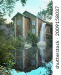 A 3d digital render of an old mill by a pond with a kitten sitting on a rock.