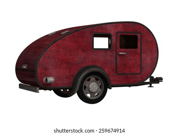 3D digital render of an old red camper isolated on white background