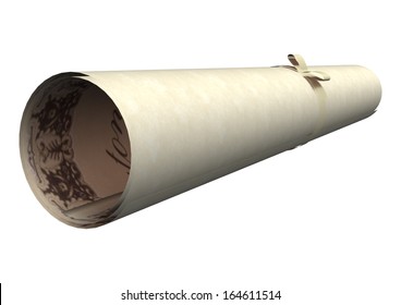 3D digital render of a rolled diploma or parchment with a ribbon isolated on white background