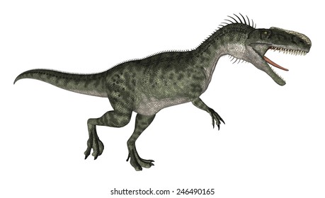3D digital render of a running and screaming dinosaur Monolophosaurus isolated on white background