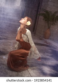 A 3d Digital Render Of A Sad Woman Kneeling In The Street In The Rain With A Formal Dress On And A Flower In Her Hair.