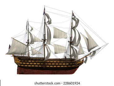 3D Digital Render Of A Sailing Ship With A British Flag Isolated On White Background