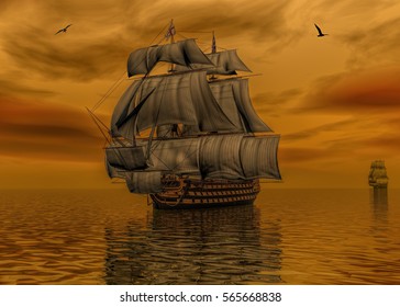 3D Digital Render Of A Sailing Ship With A British Flag Sailing In The Early Morning 
