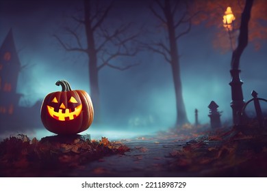 3D Digital Render Of A Spooky Jack O Lantern In A Foggy Graveyard At Night 