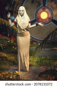 A 3d Digital Render Of A Woman With Egyptian Mummy Glyphs On Her Body And Gray Skin Standing In  Front Of An Old Alien Ship.