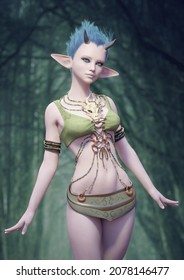 A 3d Digital Render Of A Young Girl With Large Ears And Small Goat Horns And Blue Hair Standing In A Forest.