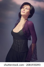 A 3d Digital Render Of A  Young Woman Wearing Purple And Black With A Leather Waist Corset Looking Up At The Sky.