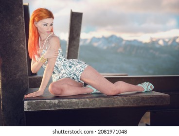 A 3d Digital Render Of A Young Woman Kneeling On A Metal Beam In The Sun With Snowy Mountains Behind Her.