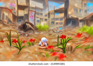 A 3d Digital Rendering Of An Abstract Child Playing In The Dirt In Front Of A War Torn Building With Flowers Growing In The Foreground. 