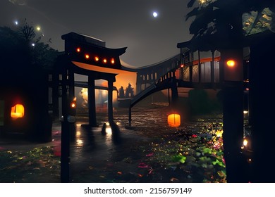 A 3d Digital Rendering Of An Asian Garden Path With Lanterns And Archway At Night.