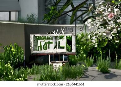 A 3d Digital Rendering Of A Broken Down Hotel With Overgrown Weeds And Broken Sign.