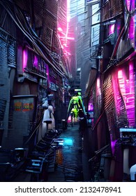 A 3d Digital Rendering Of A Futuristic Cyberpunk City Alley With Neon Lights And Surreal Robots Or People With Tech.