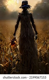 A 3d Digital Rendering Of A Scarecrow Walking In A Corn Field At Night.