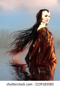 A 3d digital rendering of a woman with braided hair and a red dress standing waist deep in the water.