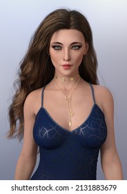 A 3d Digital Rendering Of A Young Brunette Woman Wearing A Navy Blue Tank Dress With Spagetti Straps And A Gold Necklace. 