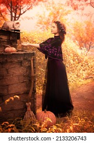 A 3d digital rendering of a young woman in a fairytale setting reaching out to a cat sitting on the roof of a shed. There is a pumpkin and broom in the autumn setting.