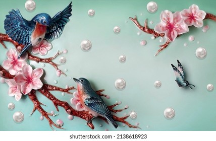 3D Digital Wallpaper Flower And Birds, Butterfly, Tree Beautiful Background Design And Pearls